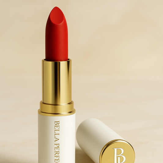 Red lipstick with gold cap and white casing on a beige background