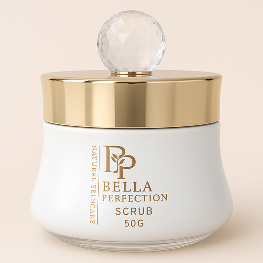 White jar with gold lid labeled 'Bella Perfection Scrub' on a beige background